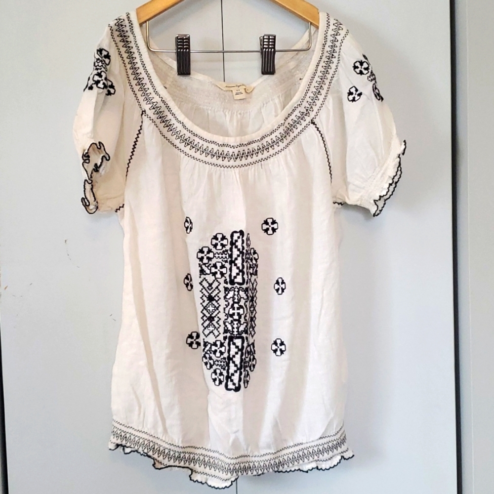 American Eagle Embroidered Ruffle Sleeve Top